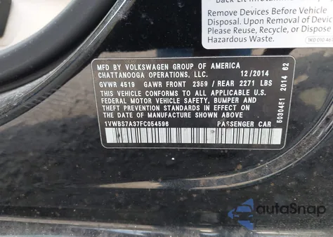 2015 Volkswagen Passat 1.8T Se из США, поврежденный, VIN 1VWBS7A37FC054596